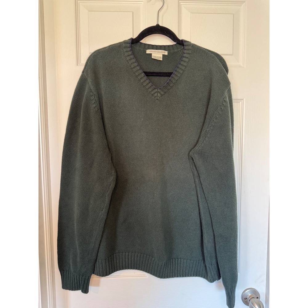 Knightsbridge Mens V-Neck Sweater Dark Sage Green 100% Cotton Knit Large